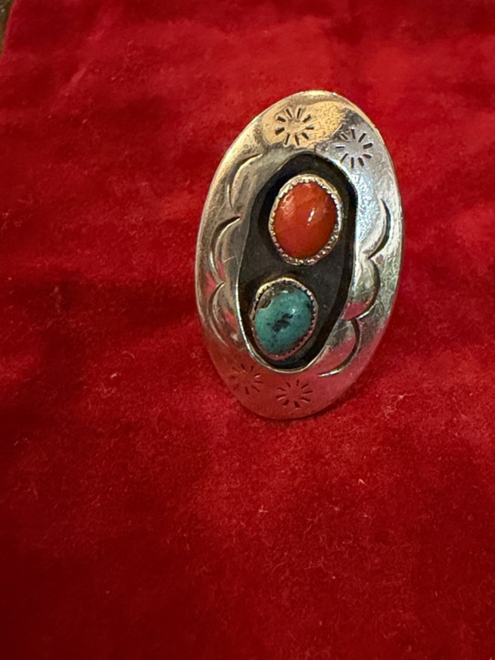 Sterling Oval Statement Ring with Genuine Red Coral and Turquoise Stones Sz 7